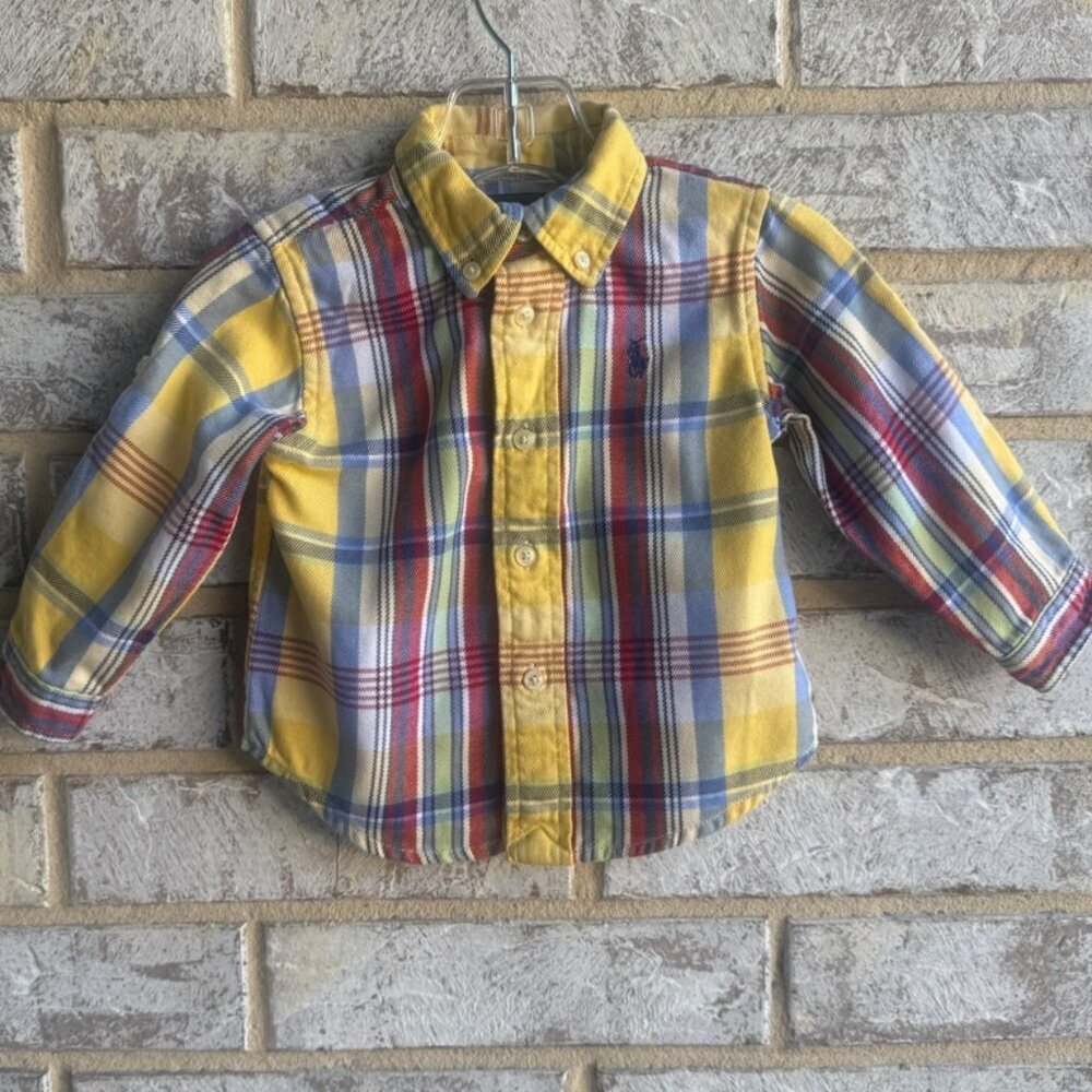 Ralph Lauren Long Sleeve Button Up 100% Cotton Plaid Shirt Boys Size 9 month